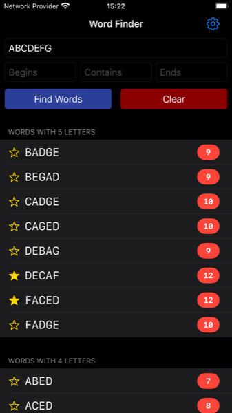 Word finder results with points calculator